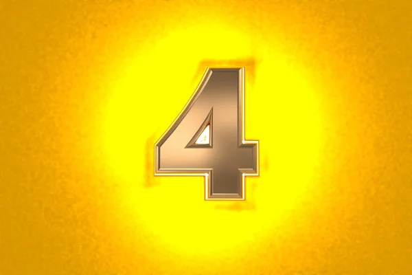 強い黄色のノイズの多いバックライトを持つヴィンテージゴールドまたは銅金属フォント 数4オレンジの背景に隔離され シンボルの3Dイラスト — ストック写真