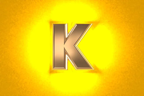 強い黄色のノイズの多いバックライト付きヴィンテージゴールドまたは銅真鍮フォント 文字Kオレンジの背景に隔離され シンボルの3Dイラスト — ストック写真