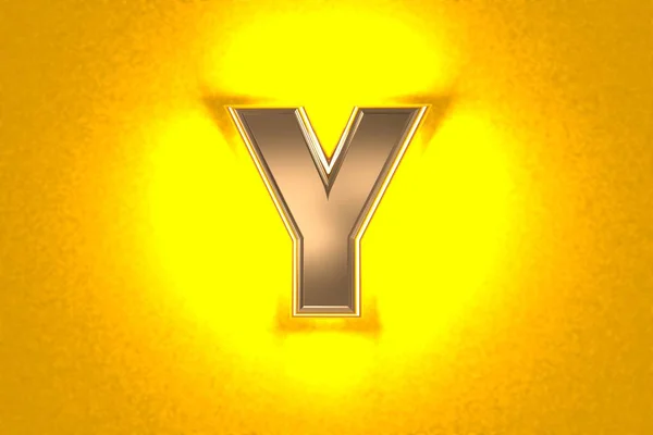 強い黄色のノイズの多いバックライト付きヴィンテージゴールドまたは銅金属フォント 文字Yオレンジの背景に隔離され シンボルの3Dイラスト — ストック写真