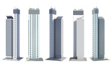 Gökyüzü yansıması olan düz kulelerin oluşturduğu 5 adet hayali tasarım ev bloğu - beyaz, farklı açılarda izole edilmiş mimarinin 3d görüntüsü