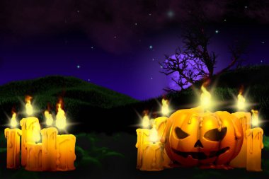 Cadılar Bayramı akılda kalıcı gece dokusu - arka plan tasarım şablonu sol tarafta mum seti ve sağ tarafta balkabağı şeklinde mum, parlak mumlar konsepti