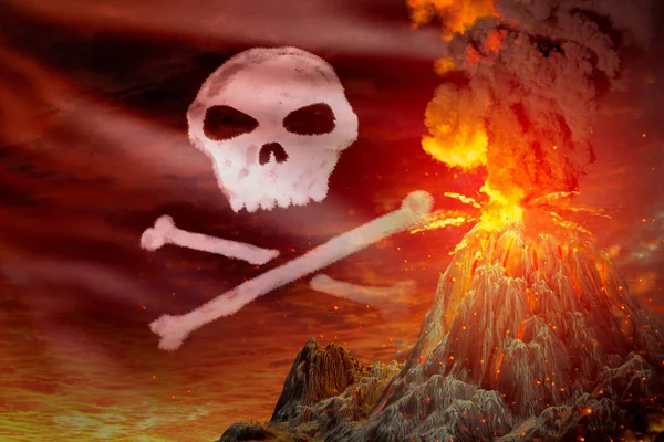 Konischer Vulkanausbruch Der Nacht Mit Explosion Auf Piratenflagge Hintergrund Probleme — Stockfoto