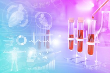 Mikrobiyoloji ofisinde test tüpleri - bilirubin veya trigliserit için kan DNA testi, yaratıcı gradyan örtülü tıbbi 3D çizim
