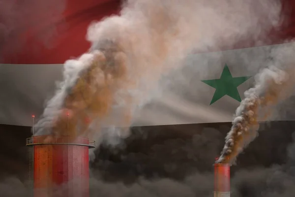 Global warming concept - heavy smoke from factory pipes on Syrian Arab Republic flag background with space for your text - industrial 3D illustration