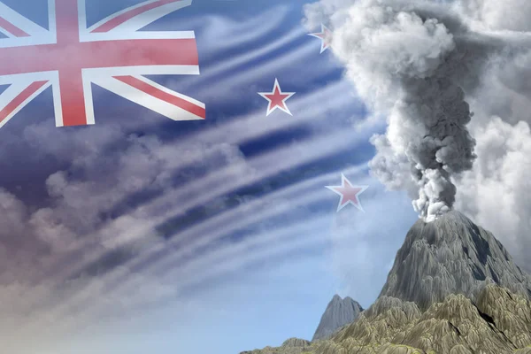 Stratovolcano Eruption Day Time White Smoke New Zealand Flag Background — Stock Photo, Image