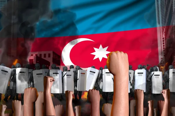 Концепция Борьбы Беспорядками Протест Азербайджане Фоне Флага Спецназ Полиции Выступает — стоковое фото
