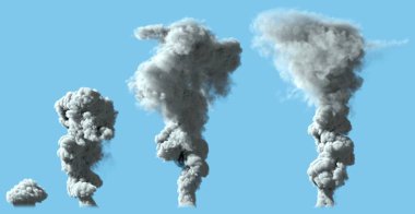 4 adet yoğun gri duman sütunu volkan ya da büyük endüstriyel patlamadan - felaket konsepti, nesnelerin 3 boyutlu çizimi