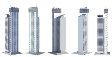Gökyüzü yansıması olan 5 kurgusal tasarım kulesi seti - beyaz, farklı taraflarda izole edilmiş, gökdelenlerin 3 boyutlu resimlerini gösteriyor