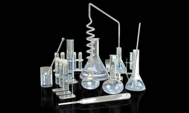 Nesnelerin 3 boyutlu illüstrasyonu - çeşitli bilimsel cam parçalarıyla izole edilmiş su - üniversite konsepti arka planı