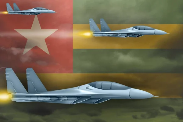 Concepto Ataque Aéreo Togo Aviones Guerra Modernos Atacan Fondo Bandera — Foto de Stock