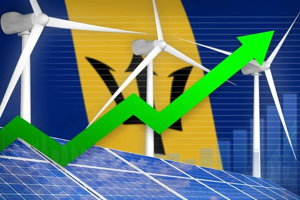 Barbados solar and wind energy rising chart, arrow up  - green energy industrial illustration. 3D Illustration