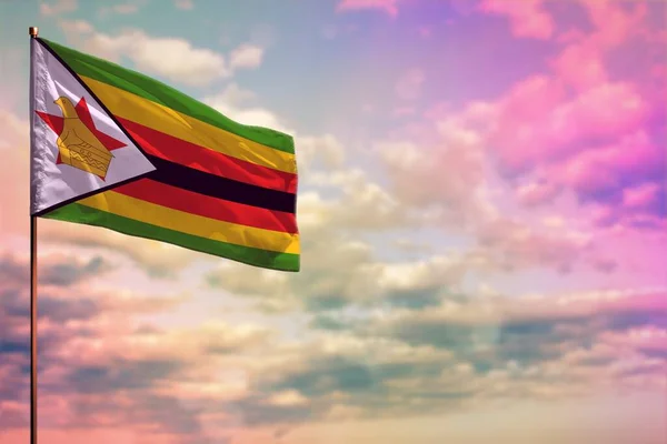 Fluttering Zimbabwe Bandiera Mockup Con Posto Vostro Testo Sfondo Cielo — Foto Stock