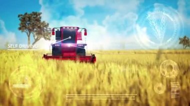 Tarlada çalışan robot tahıl hasatçısı - endüstriyel 3D 4K 60 fps animasyon dijital kaplamalarla