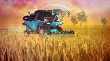 Kırsal alanda çalışan robot hasat makinesi - endüstriyel 3D illüstrasyon ve dijital kaplamalar