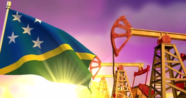 日落时 所罗门群岛的国旗飘扬在油井的背景上 石油工业概念 3D动画 — 图库视频影像