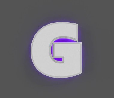Mor arkaplan ışığına sahip gri taş yazı tipi - Gri arkaplanda G harfi, sembollerin 3 boyutlu çizimi