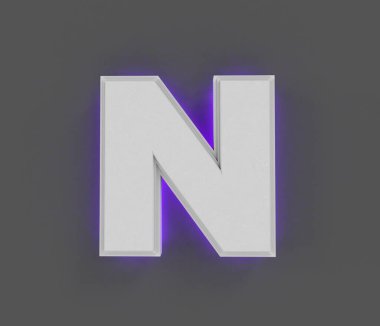 Mor arkaplan ışığına sahip gri beton yazı tipi - N harfi koyu gri üzerinde izole edilmiş, sembollerin 3 boyutlu çizimi