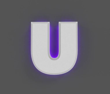 Mor arkaplan ışığına sahip gri beton yazı tipi. Koyu gri üzerinde U harfi. Sembollerin 3 boyutlu çizimi.