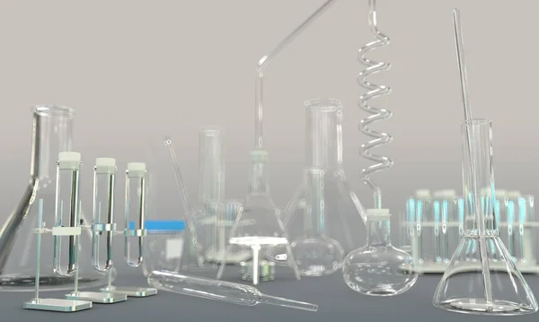 Лабораторні Пробірки Інші Наукові Скляні Посуд Порожні Сірому Фоні Університетська — стокове фото