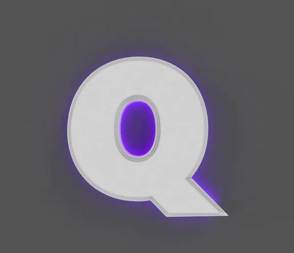 带有紫色背光字母Q的灰石字母表 灰色背景分离 符号的三维图解 — 图库照片
