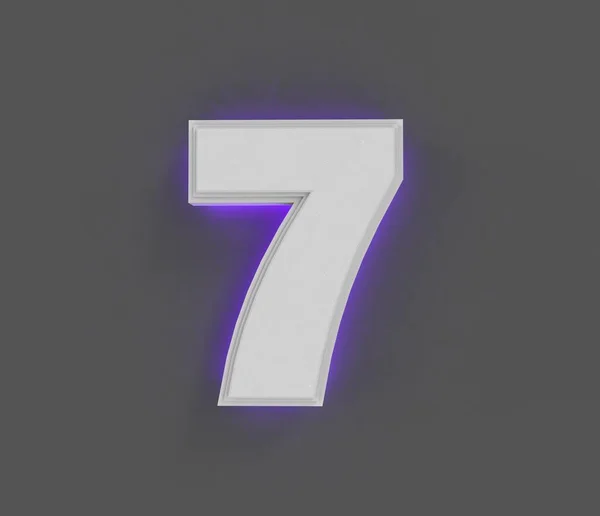 带有紫色背光的灰石字母表 数字7在深灰色上隔离 符号的三维插图 — 图库照片