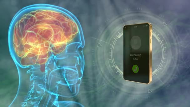 Рентгеновская Голова Человека Движется Звонящим Телефоном Входящего Вызова Опасность Мозга — стоковое видео