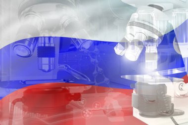 Rusya bayrağında mikroskop - bilimsel gelişim kavramsal arka plan. Fizik veya ilaç endüstrisi araştırmaları, nesnenin 3 boyutlu illüstrasyonu