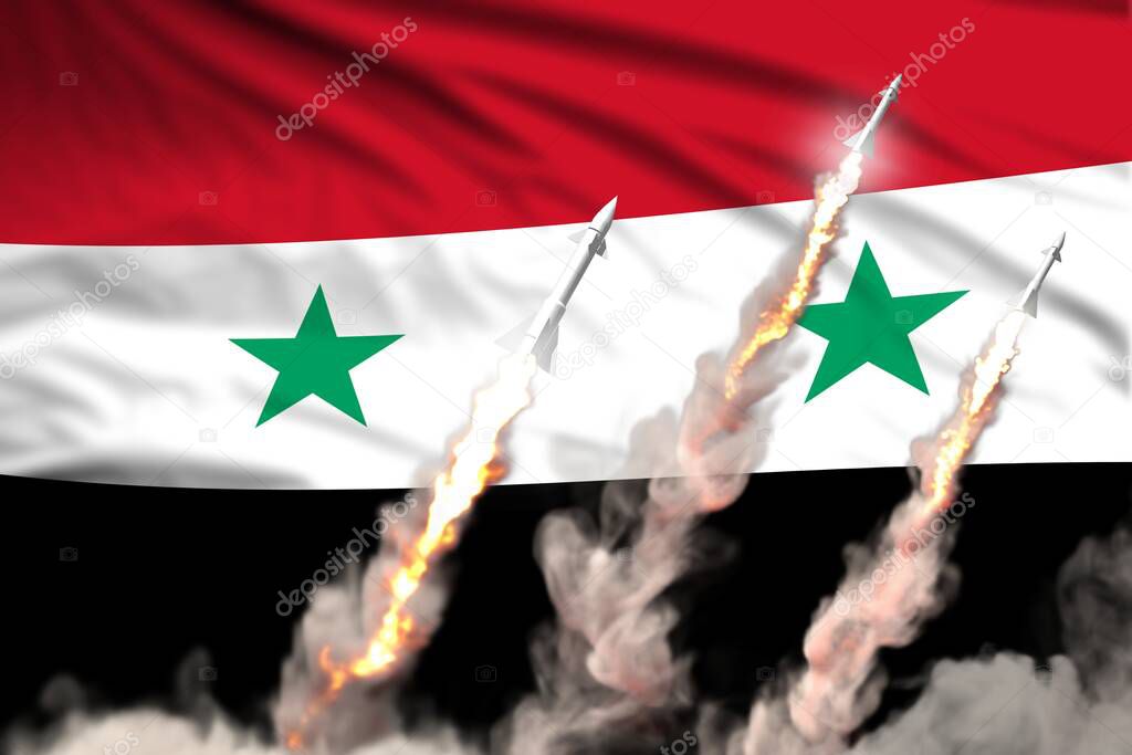 Syrian Arab Republic nuclear warhead launch - modern strategic nuclear rocket weapons concept on flag fabric background, military industrial 3D illustration with flag