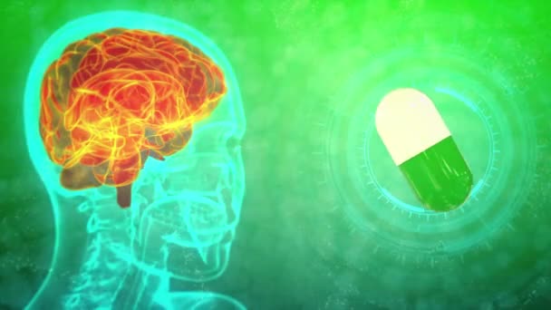 Cyfrowa Animacja Medyczna Fps Rontgen Ludzka Głowa Podświetlonym Mózgiem Tabletką — Wideo stockowe