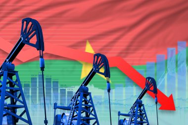 Burkina Faso petrol endüstrisi konsepti, endüstriyel illüstrasyon - Burkina Faso bayrak arka planının alçaltılması, düşmesi. 3B Görüntü