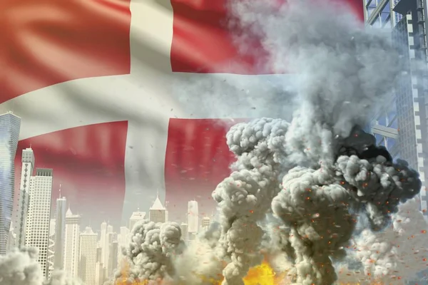 big smoke pillar with fire in the modern city - concept of industrial explosion or act of terror on Denmark flag background, industrial 3D illustration