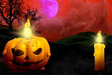 Cadılar Bayramı çok renkli tatlı karanlık gece fon - solda balkabağı mumu ve sağda yalnız mum, tatil konsepti - arka plan tasarımı 3D tasarım