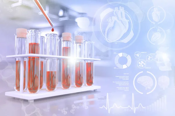 医療用3Dイラスト 研究施設での試験管バイアル 創造的なグラデーションオーバーレイを持つ好酸球やエイズのための血液サンプル遺伝子テスト — ストック写真