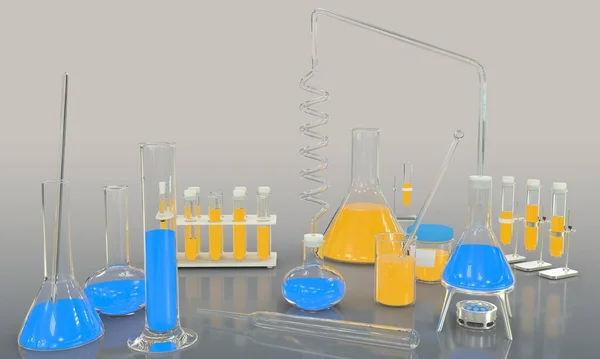 物体的三维图解 灰色背景下带有蓝色和橙色液体的各种化学玻璃器皿的实验室试管 研究概念背景 — 图库照片
