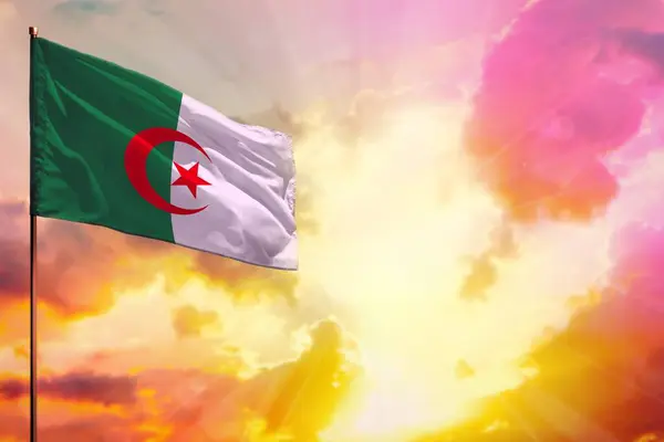 Fladderende Algerije Vlag Linker Bovenhoek Mockup Met Plaats Voor Informatie — Stockfoto
