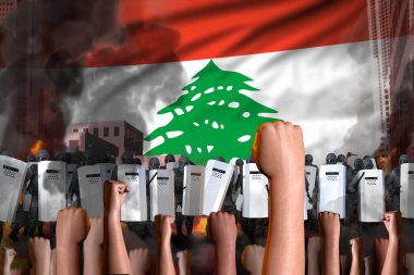 Gösteri dövüş konsepti - Lübnan 'da bayrak arka planında protesto, polis memurları protesto kalabalığına karşı duruyor - askeri 3D İllüstrasyon