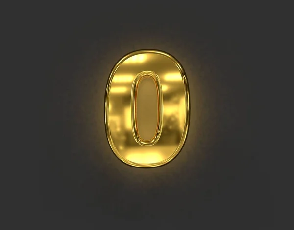 光沢のある金色の金属製のアルファベット 数字0は濃い灰色の背景に隔離され 記号の3Dイラスト — ストック写真