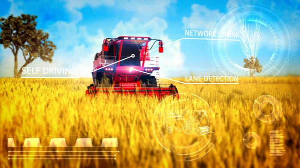 Industrial Illustration Digital Overlays Self Driving Combine Harvester Working Wheat — Stock Photo, Image