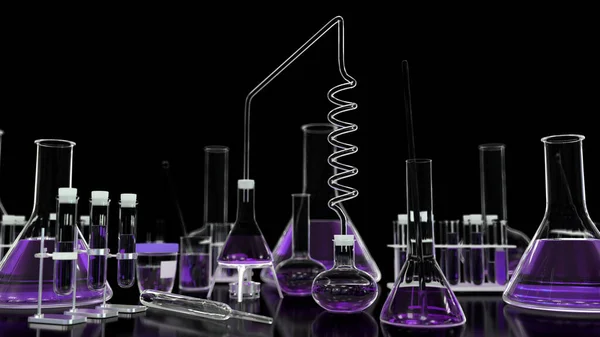 cosmetic concept, lab test-tubes and other glassware isolated on black - may be used as biology background, 3D illustration of objects