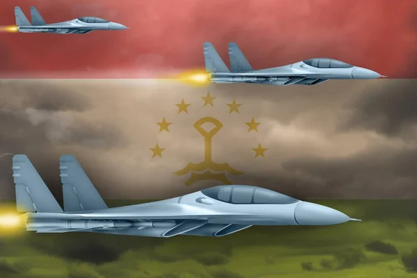 Concepto Ataque Aéreo Tayikistán Aviones Guerra Modernos Atacan Fondo Bandera — Foto de Stock