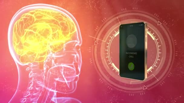 Röntgen Mänskligt Huvud Rör Sig Med Ringande Inkommande Samtalstelefon Hjärnfara — Stockvideo
