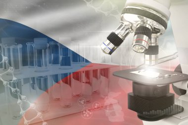 Çek bayrağında mikroskop - Bilimsel gelişim dijital arka planı. Aşı tasarımı konsepti araştırması, nesnenin 3 boyutlu illüstrasyonu