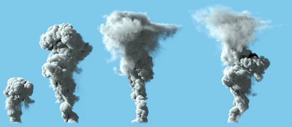 4 images of solid bright smoke column as from volcano or large industrial explosion - disaster concept, industrial 3d illustration