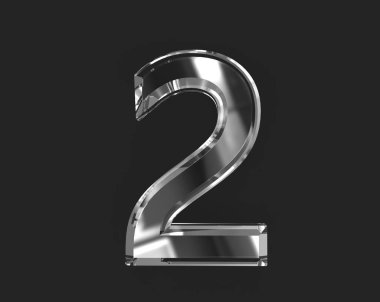 Beyaz parlak cam alfabe - 2 numara koyu arkaplanda izole edilmiş, sembollerin 3 boyutlu çizimi