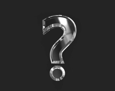 Beyaz parlak şeffaf yansıtıcı yazı tipi - koyu arkaplanda izole soru işareti, sembollerin 3 boyutlu illüstrasyonu