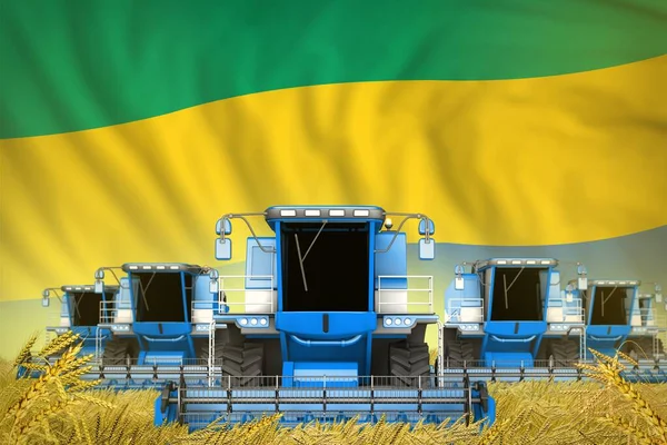 Veel Blauwe Landbouw Combineren Oogstmachines Het Platteland Met Gabon Vlag — Stockfoto