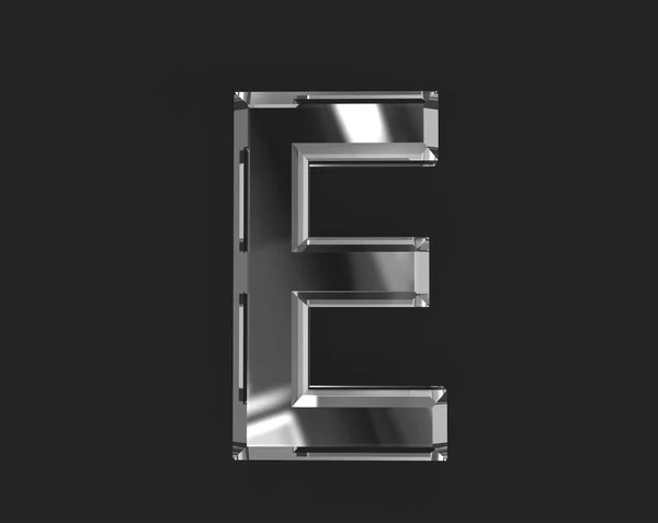 白色闪亮的玻璃制成透明的字体 字母E隔离在黑暗的三维符号图解中 — 图库照片