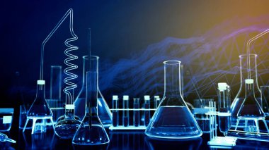 İlaç konsepti, laboratuvar test tüpleri ve dijital efektli diğer cam eşyalar bilimsel arkaplan olarak kullanılabilir, nesnelerin 3 boyutlu çizimi