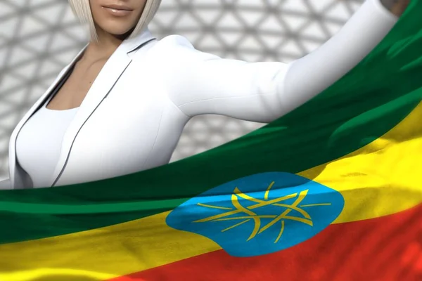 Jolie Dame Affaires Tient Drapeau Éthiopien Devant Elle Sur Fond — Photo