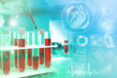İlaç tesisinde test tüpleri - hemoglobin veya lupus için kan testi, yaratıcı gradyan kaplamalı tıbbi 3D çizim